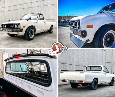 Pickup clássico branco Datsun em várias perspetivas exteriores