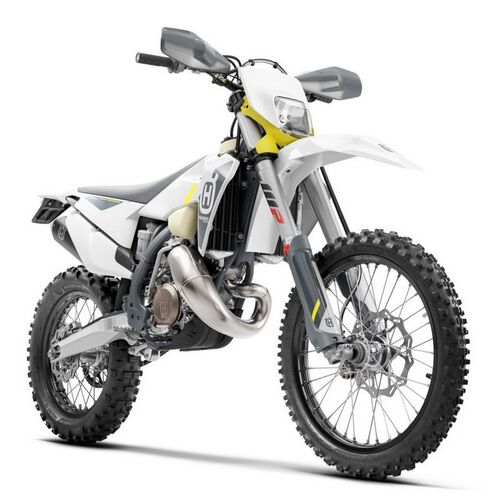 Husqvarna TE 150i 2022 Motocross branca e cinza com detalhes amarelos e pneus de terra