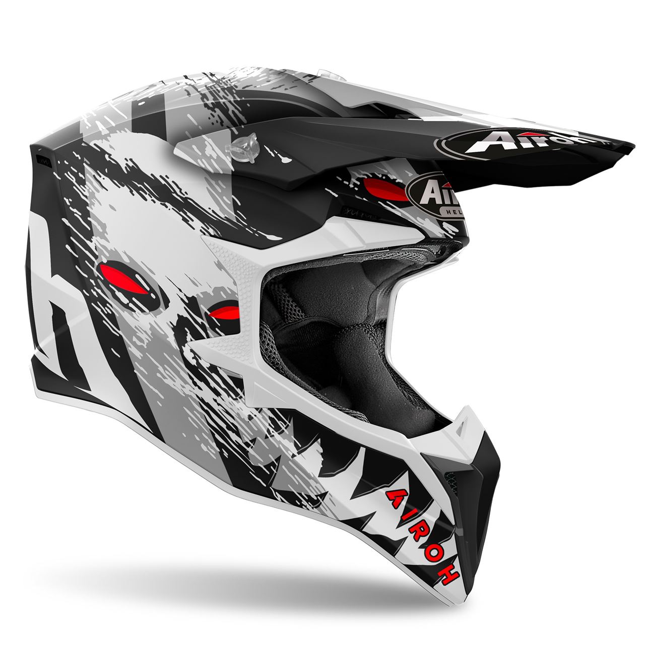 Capacete Airoh Wraap Demon Capacete de motocross preto, branco e vermelho com design gráfico.