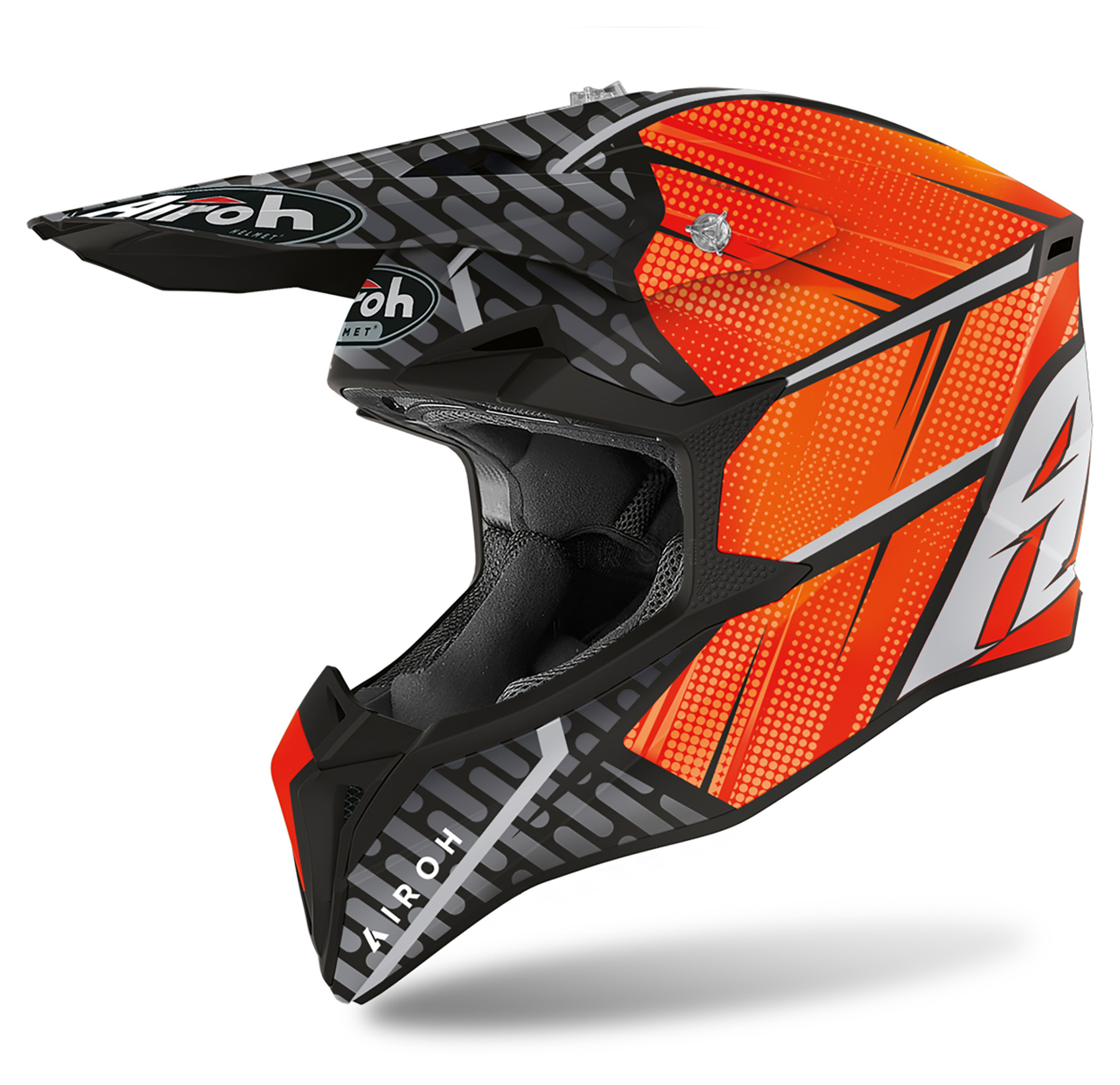 Capacete Airoh Wraap Idol Laranja Capacete motocross Airoh preto, laranja e branco com padrão geométrico