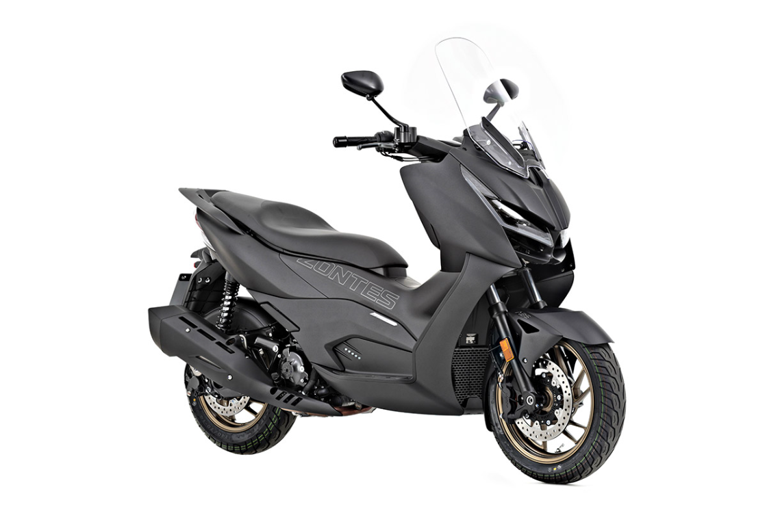 Zontes 350 D Scooter preta fosca com para-brisa transparente em fundo branco