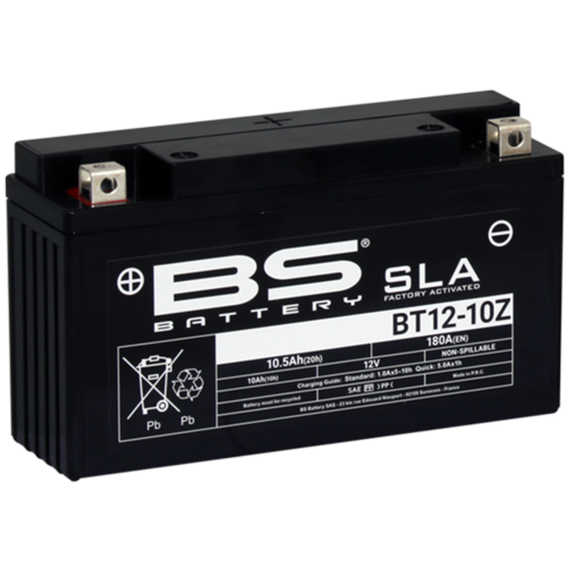 Bateria BS BT12-10Z (FA) SLA ZONTES Bateria BS Battery preta modelo BT12-10Z com etiquetas brancas e terminais metálicos