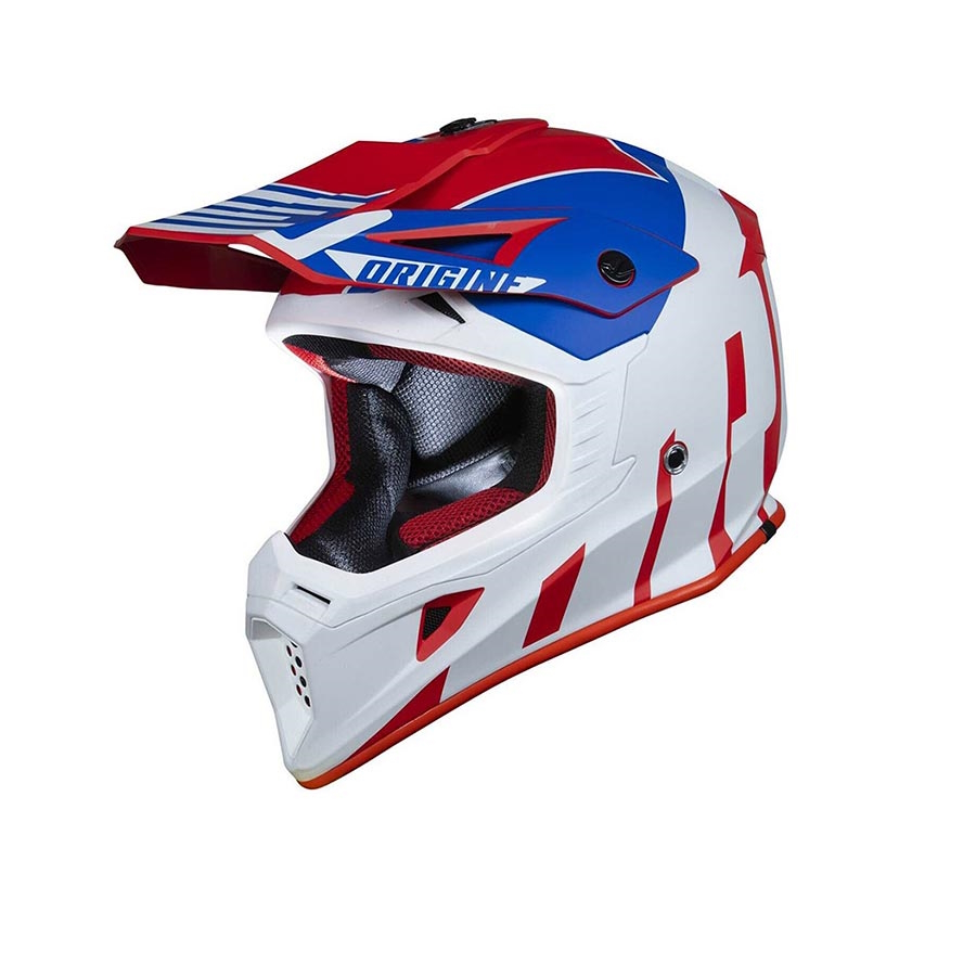 Capacete Origine Hero Thunder Azul / Branco / Vermelho Capacete motocross branco, azul e vermelho com texto ORIGINZ