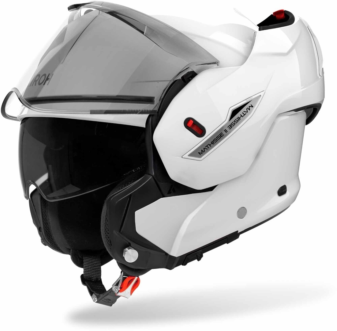Capacete Airoh Mathisse II Capacete branco de motociclista com viseira fumada e detalhes vermelhos