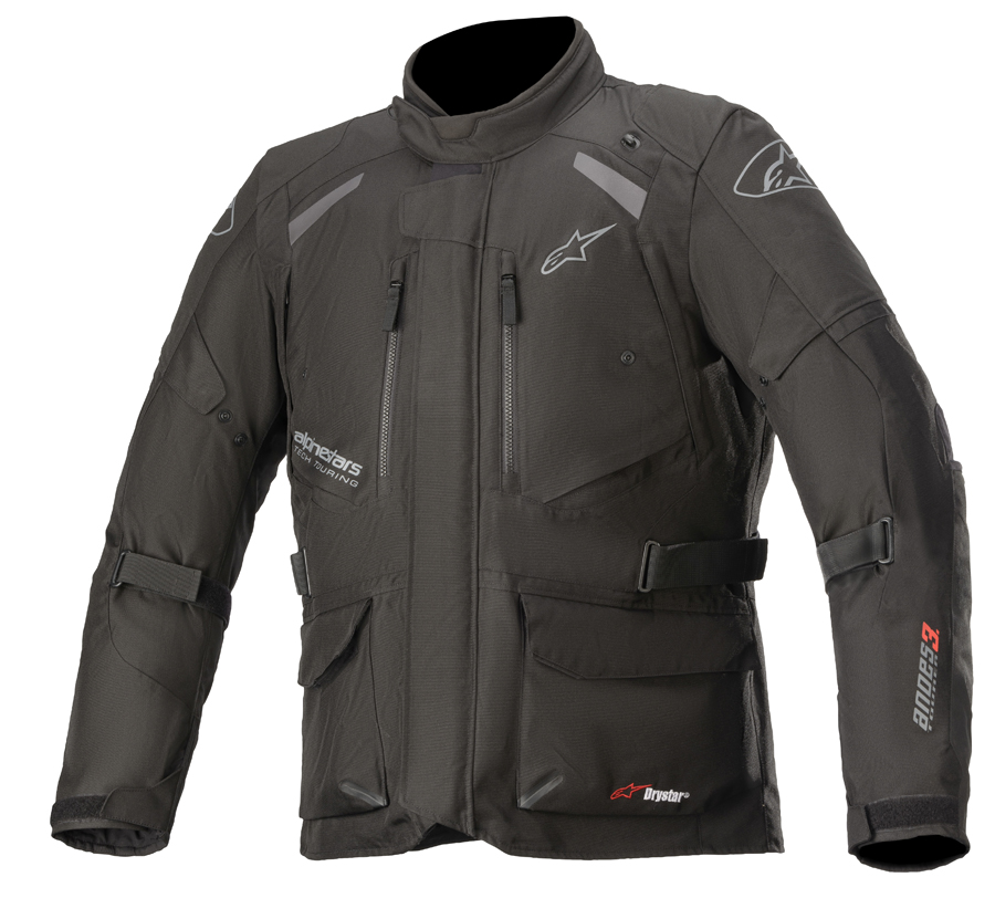 Casaco Alpinestars Andes V3 Drystar Casaco de motoqueiro preto com bolsos e logos Alpinestars e DRYSTAR