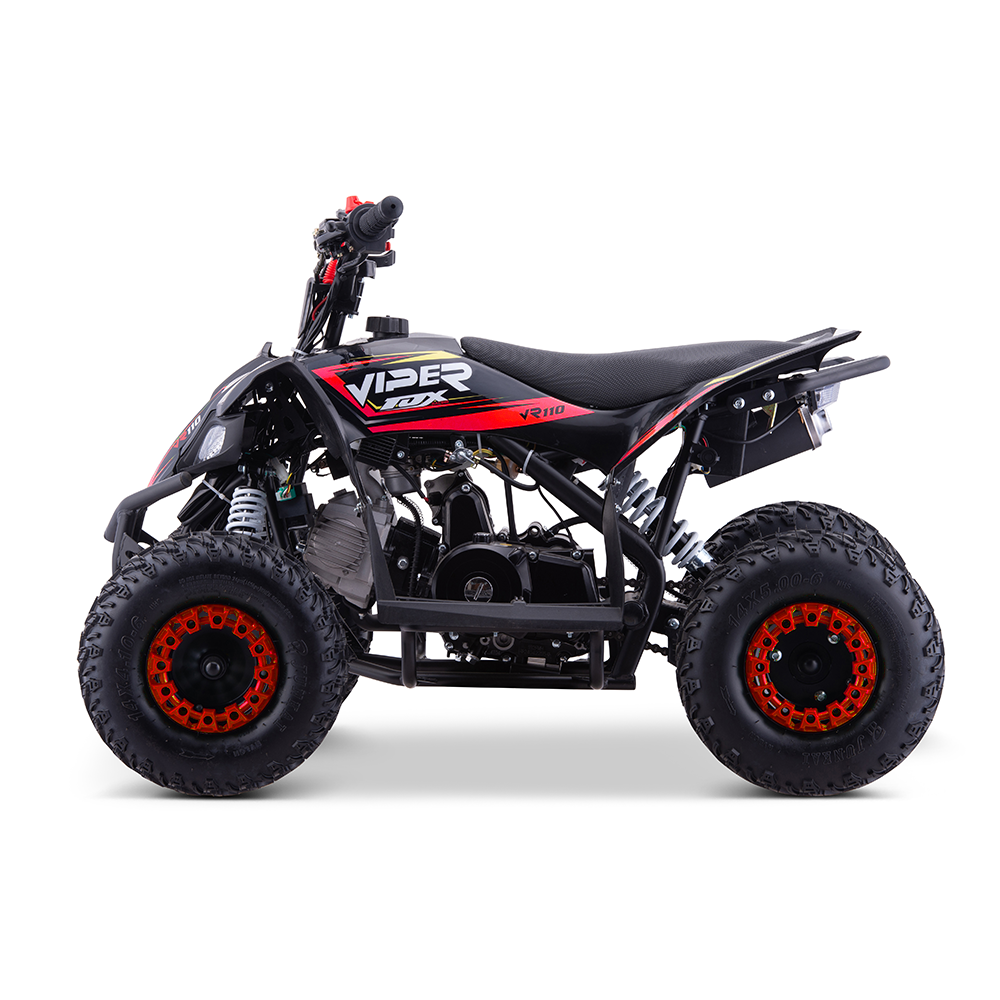 Mini quad Viper VR 110cc quadriciclo preto e vermelho com pneus vermelhos em fundo branco