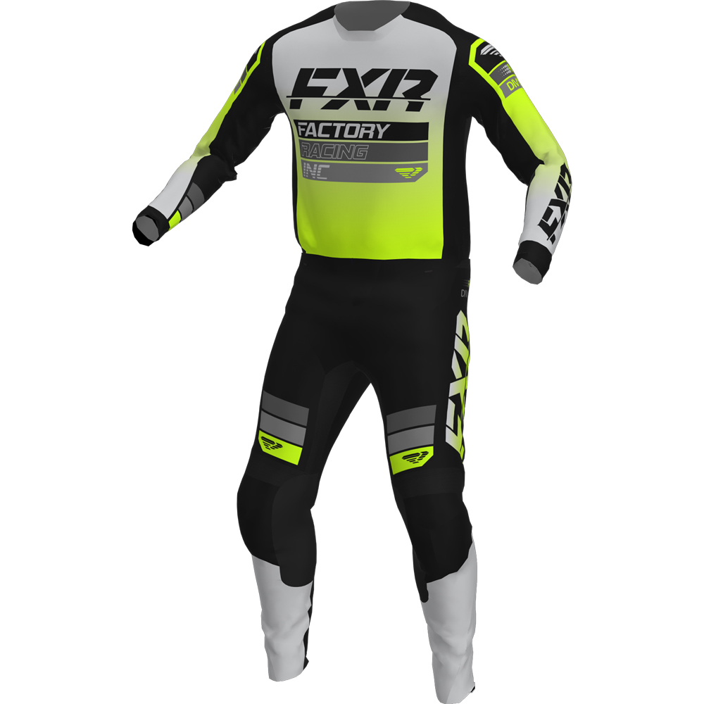 Equipamento FXR Clutch MX Preto/Cinza/HiVis Fato de motocross FXR Factory Racing preto, cinza, branco e amarelo fluorescente