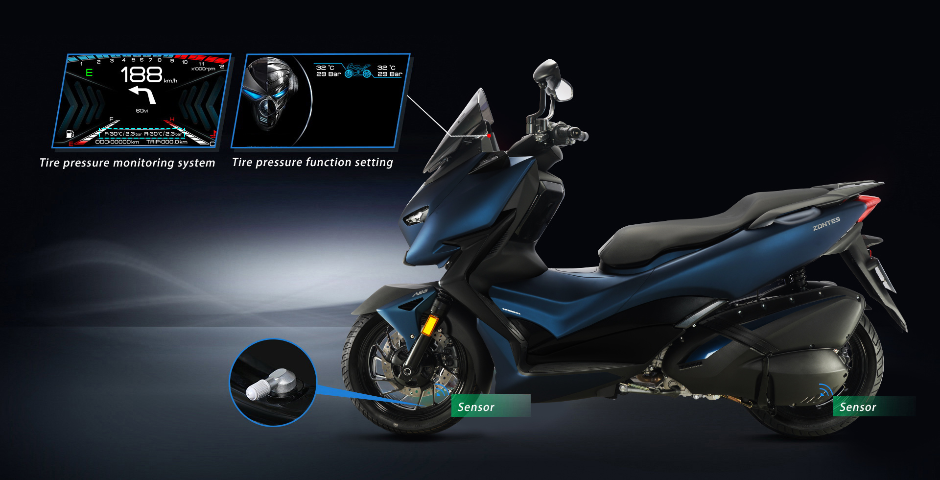 Zontes 125 M Motocicleta azul escura com sensores nas rodas e informações técnicas destacadas