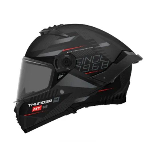 CAPACETE MT THUNDER 4 SV LUMINENCE Capacete integral preto com detalhes cinza e vermelhos e texto 'THUNDER 4'