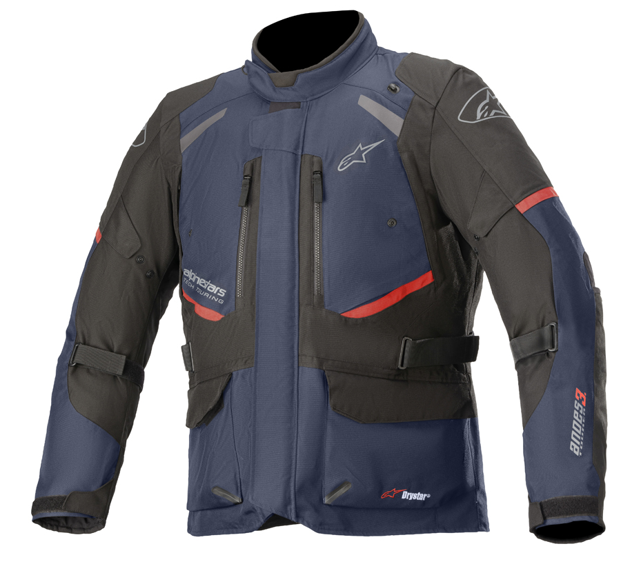 Casaco Alpinestars Andes V3 Drystar Casaco de motociclista Alpinestars azul, preto e vermelho com bolsos e logótipos