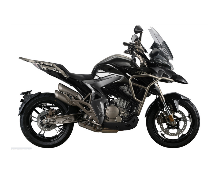 Zontes 3350 T2 Motociclo preto com vidro frontal transparente e pneus pretos