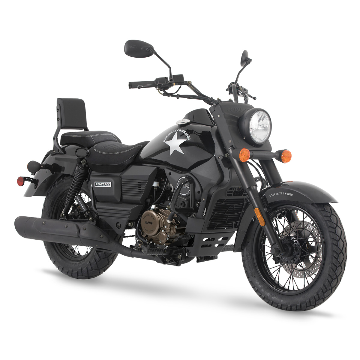 UM 125 RENEGADE Commando Motocicleta clássica preta com estrela branca no depósito e encosto no assento