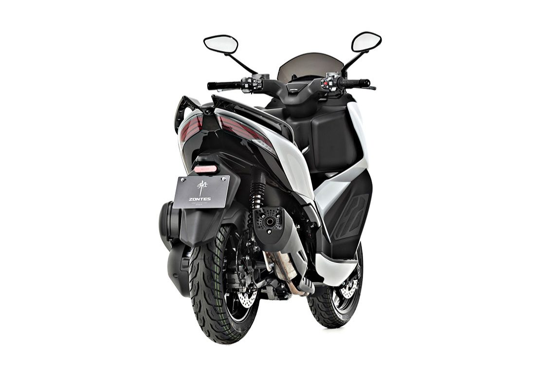 Zontes 350 D Moto elétrica preta e branca com detalhes vermelhos vista de trás