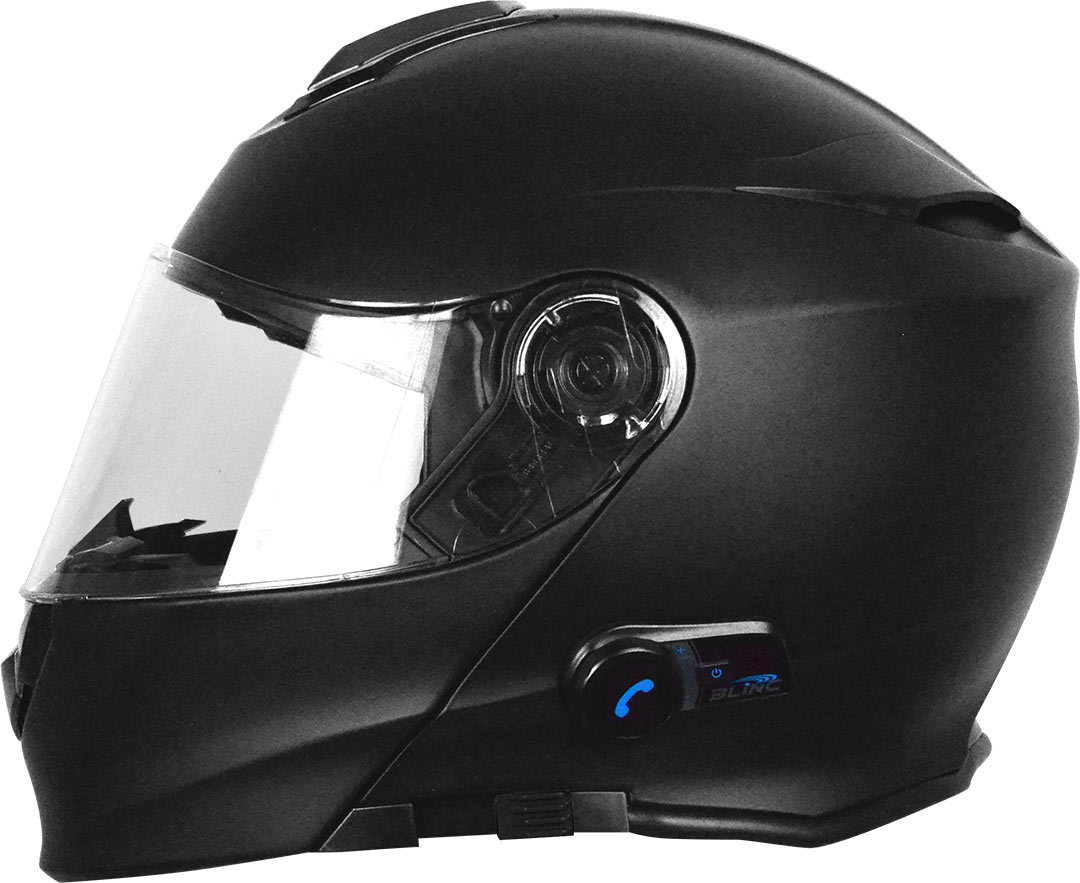 Capacete Modular Origine Delta com Intercomunicador Preto Matte Capacete de motociclista preto mate com viseira transparente e módulo azul na lateral