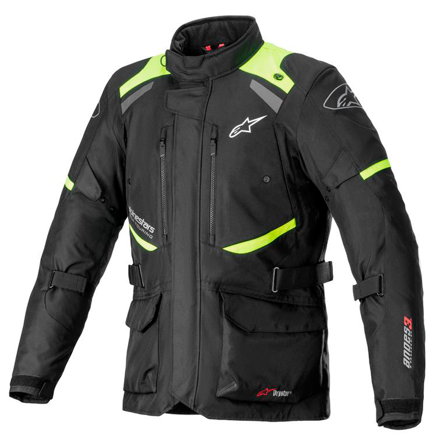 Casaco Alpinestars Andes V3 Drystar Casaco de motociclista preto com detalhes verdes fluorescentes e cinza