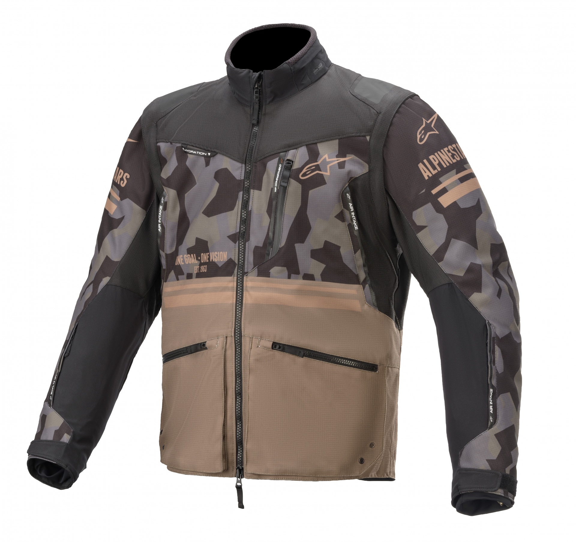 Casaco Alpinestars Venture R Camo Casaco camuflado cinza e castanho com zípers e logótipos AlpineStars