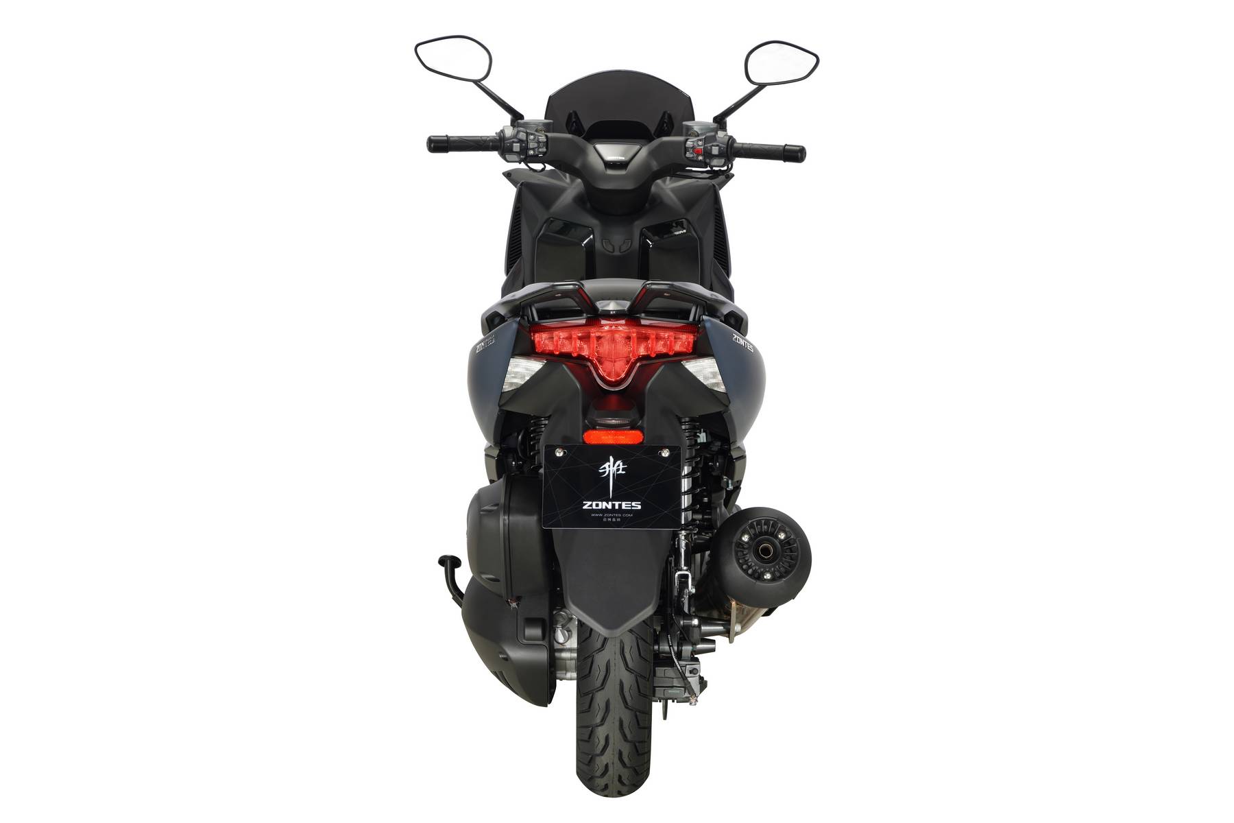 Zontes 125 M Motociclo elétrico preto visto de trás com farol vermelho e placa XENTIS
