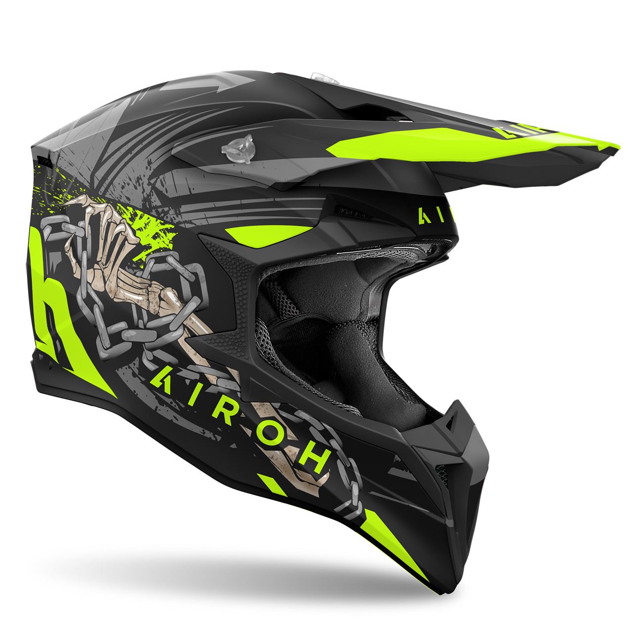 Capacete Airoh Wraap Darkness Amarelo Capacete motocross Airoh preto com detalhes amarelos e gráfico de corrente e esqueleto
