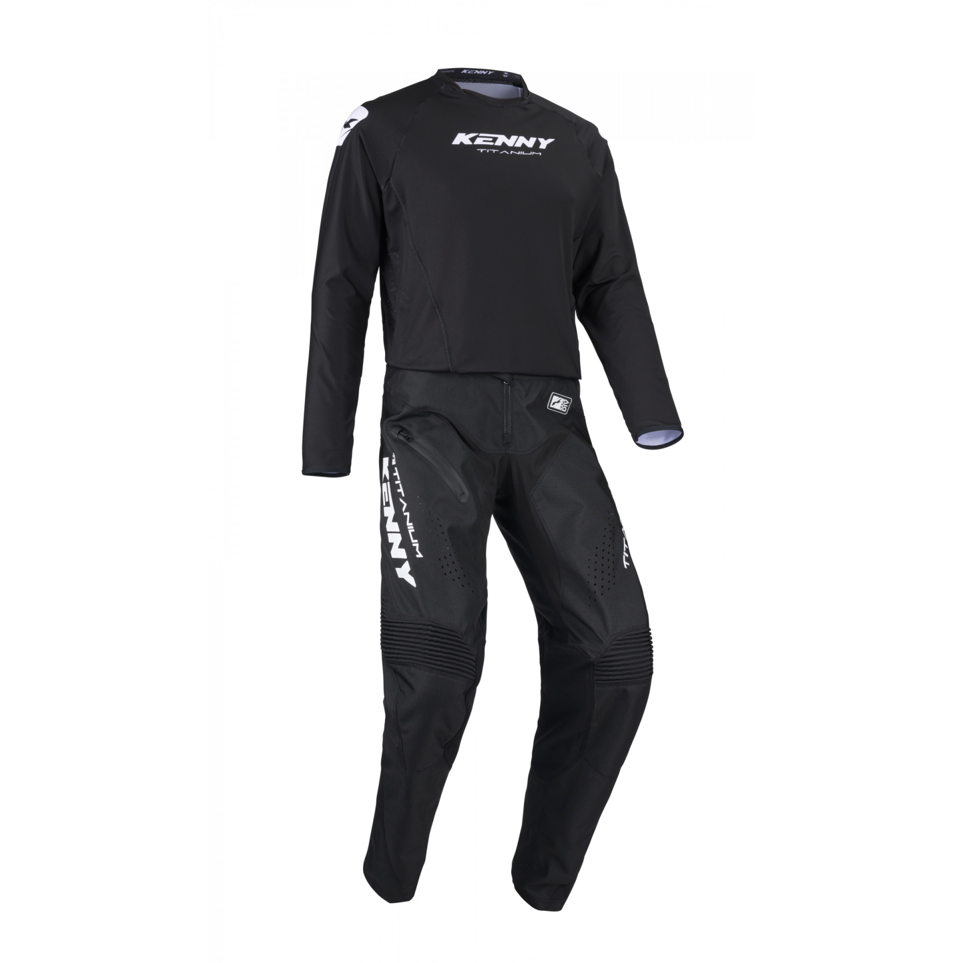 Conjunto Calça e Camisola Kenny Titanium Preto 25 Conjunto de motocross preto com logos brancos