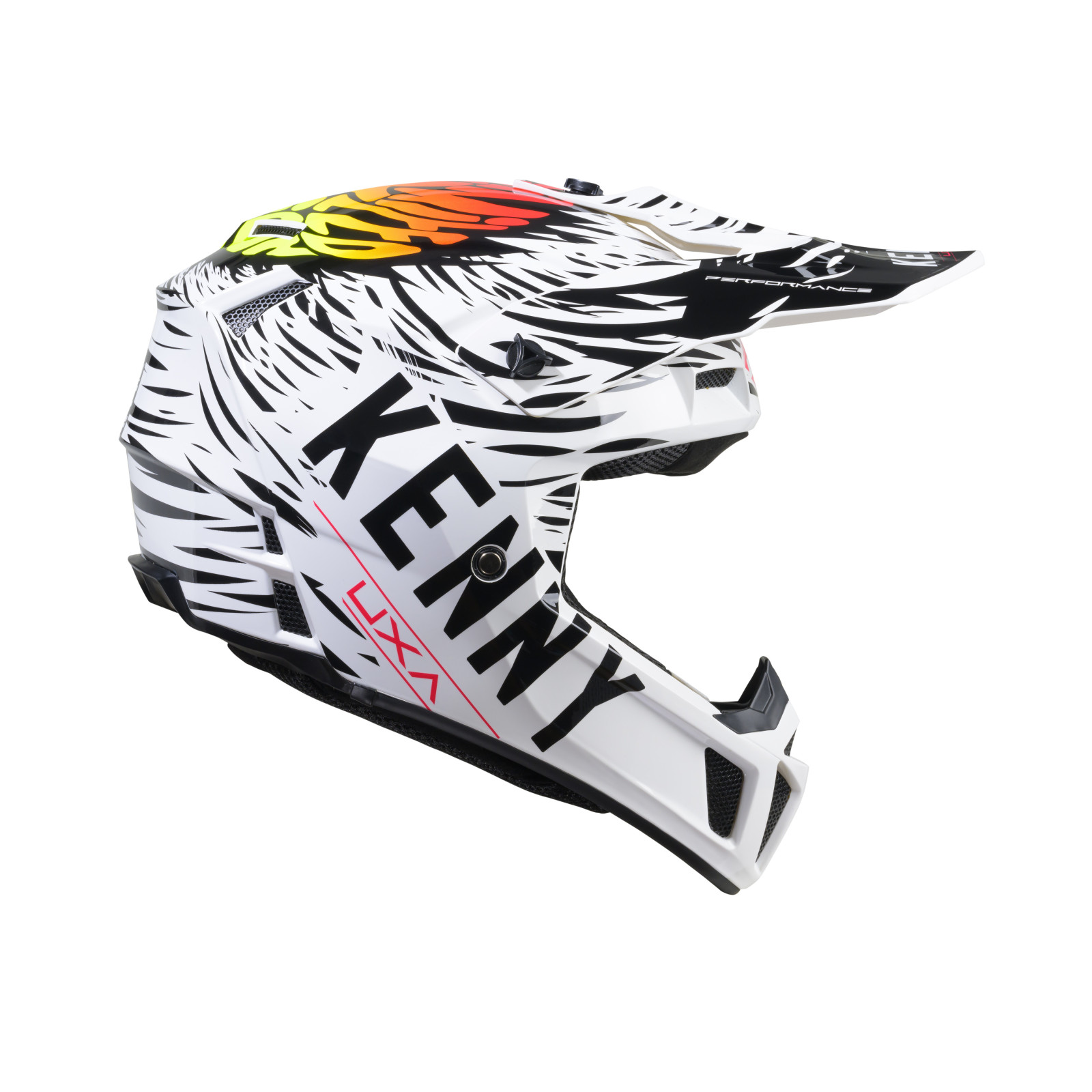 Capacete Kenny Performance UXA Prism Capacete motocross branco e preto com detalhes vermelhos e visor colorido