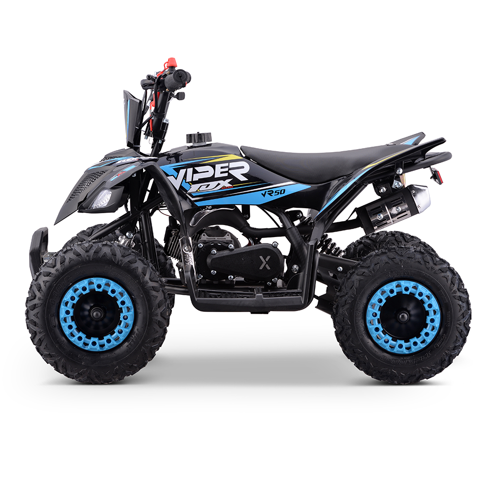 Mini moto 4 Criança 49cc VR 50 Tox Quadriciclo preto e azul com pneus largos e assento negro