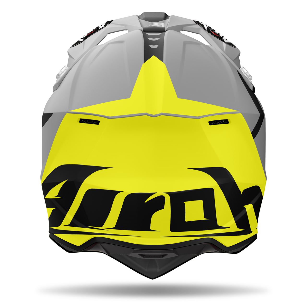 Capacete Airoh Wraap Reloaded Amarelo Capacete de motocross cinzento e amarelo com texto 'Airoh'