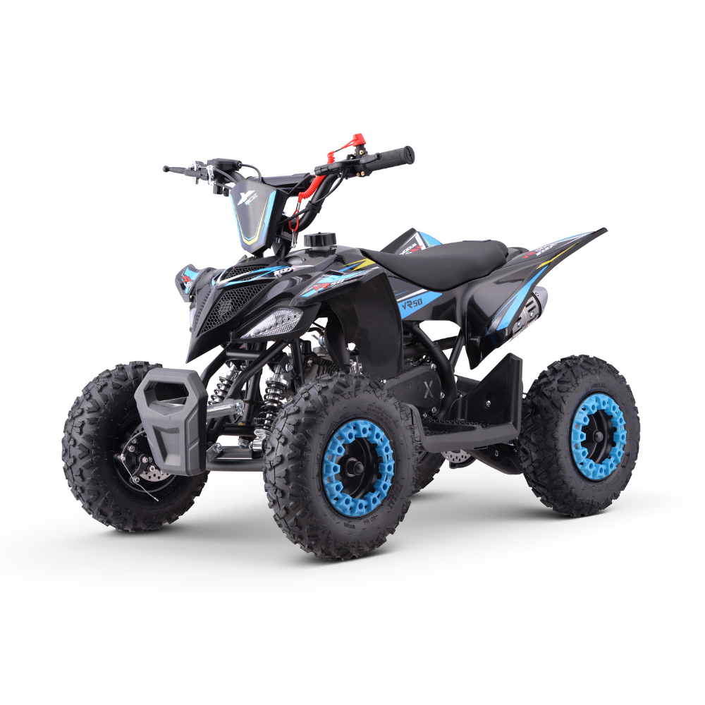Mini moto 4 Criança 49cc VR 50 Tox Quad elétrico infantil preto com detalhes azuis e amarelos