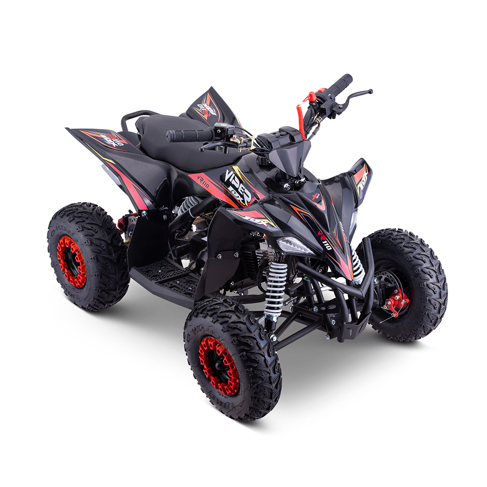 Mini quad Viper VR 110cc Quadriciclo preto com detalhes vermelhos e cinza, pneus robustos com aros vermelhos