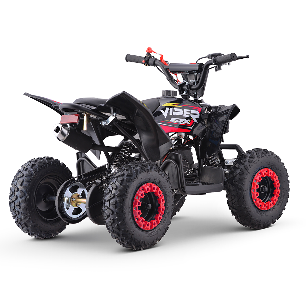 Mini moto 4 Criança 49cc VR 50 Tox Quad ATV preto com detalhes vermelhos e pneus robustos em fundo branco