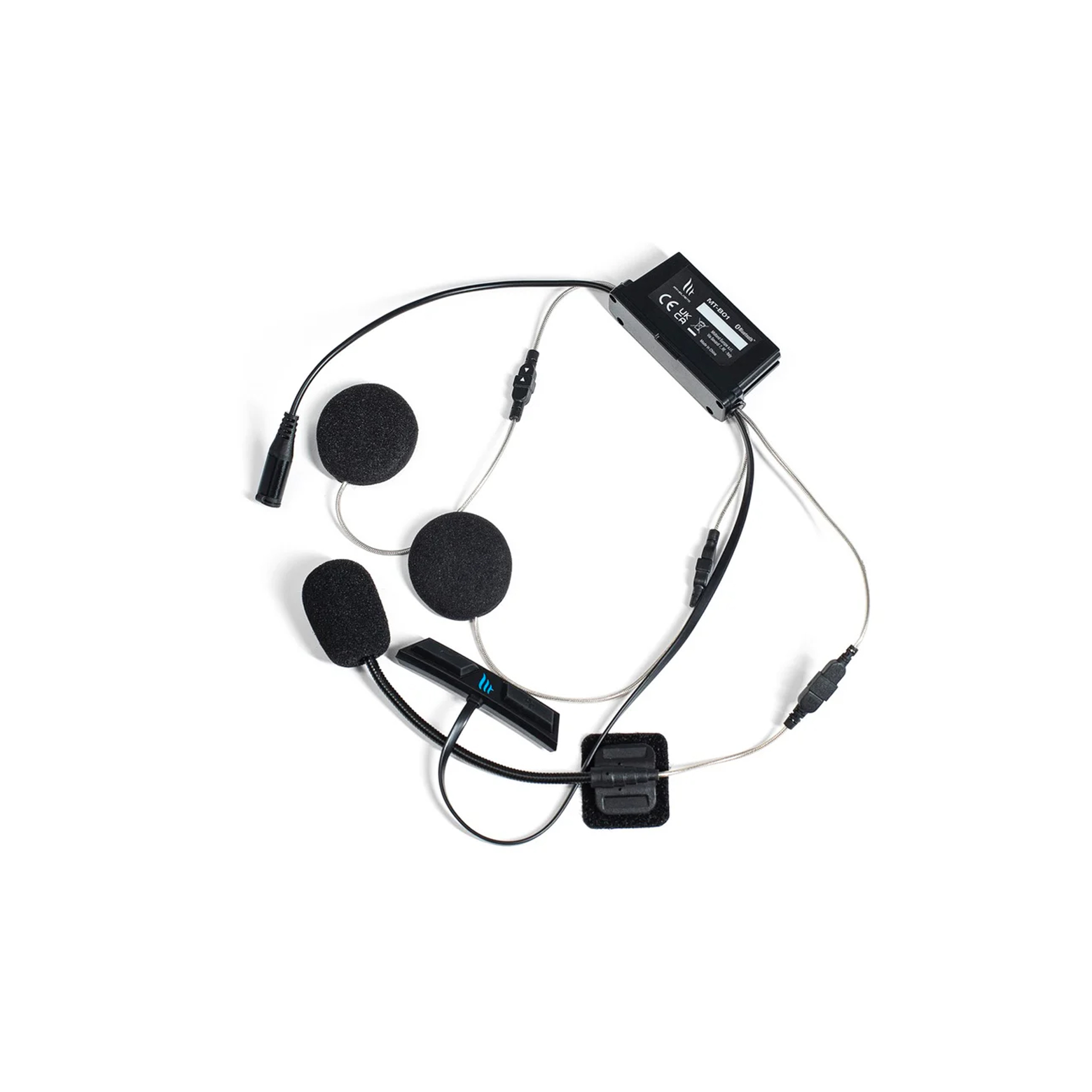 INTERCOMUNICADOR MT RIDER SYNC Aparelho de comunicação com microfone e auscultadores em preto com almofadas de espuma.