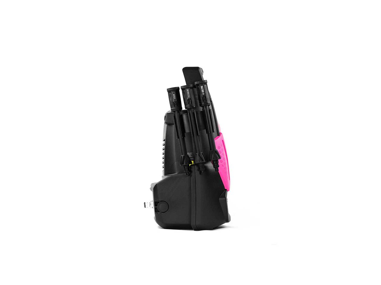 Kit MUC-OFF de máquina de lavar a pressão Mochila preta com detalhes rosa fluorescente sobre fundo branco.