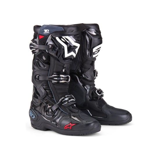 Botas Alpinestars Tech 10 Enduro Botas de motocross pretas com fivelas e detalhes em branco e vermelho