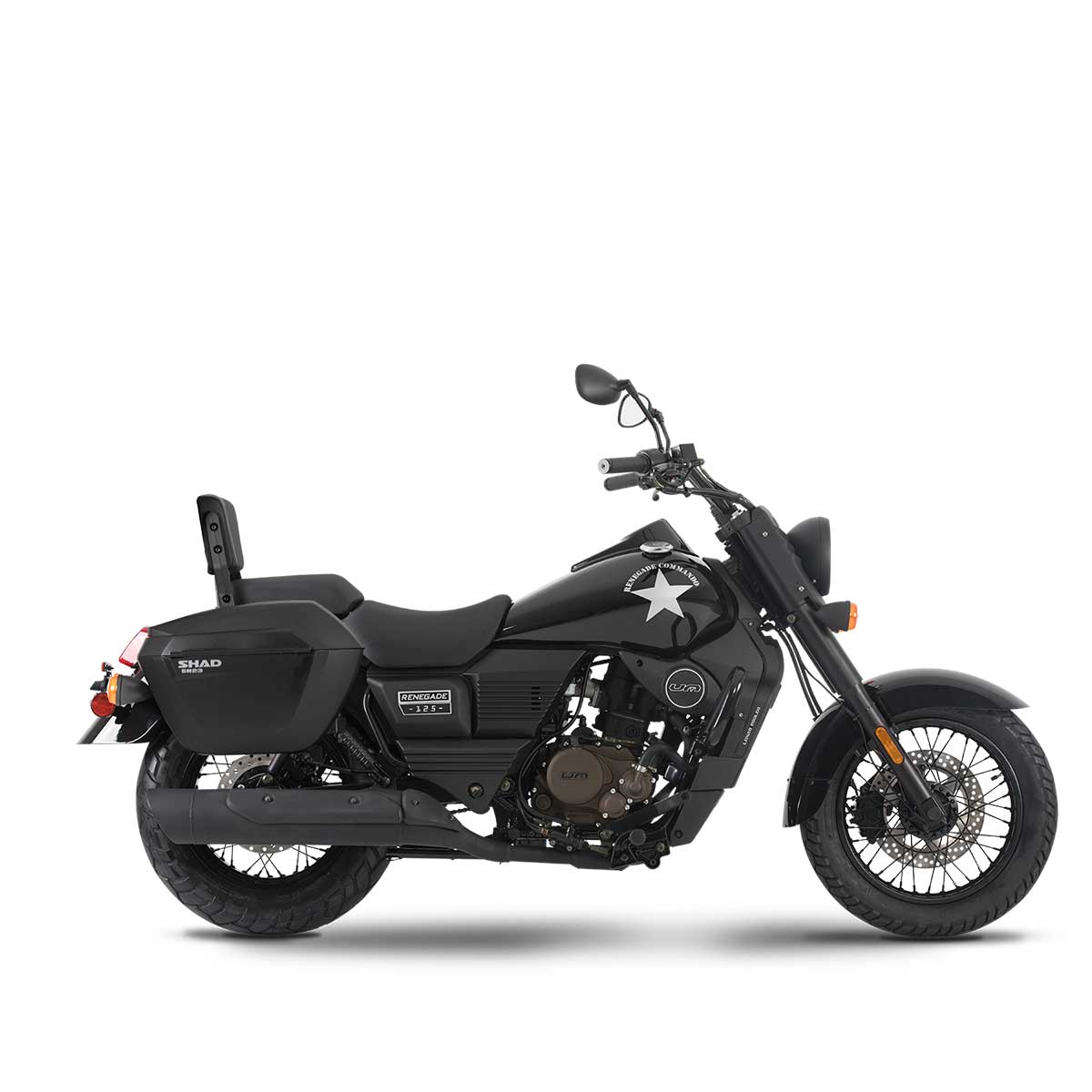 UM 125 RENEGADE Commando Tourer Motocicleta preta estilo cruiser com assento largo e bagageira rígida
