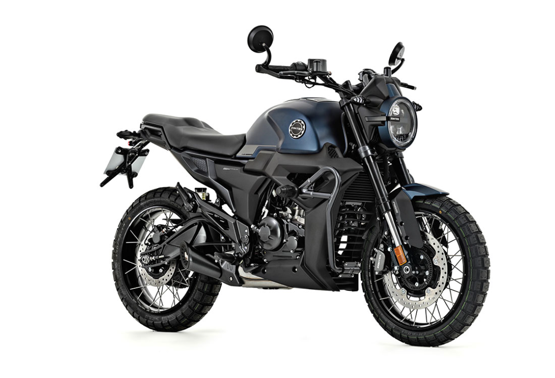 Zontes G1X 125 LCD Motocicleta azul e preta com farol redondo em fundo branco