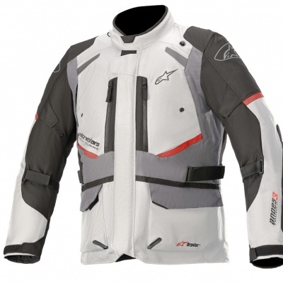 Casaco Alpinestars Andes V3 Drystar Casaco motociclismo cinza, branco e preto com detalhes vermelhos e logotipos Alpinestars e RIDER-3