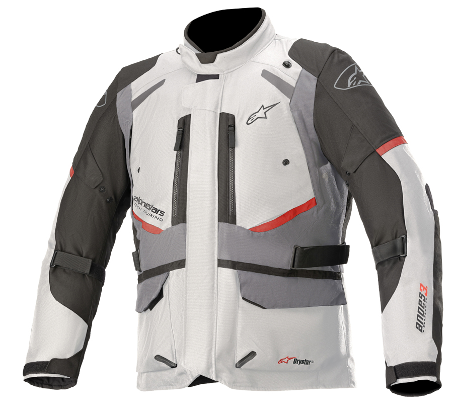 Casaco Alpinestars Andes V3 Drystar Casaco de moto branco e cinza com detalhes vermelhos e logos Alpinestars