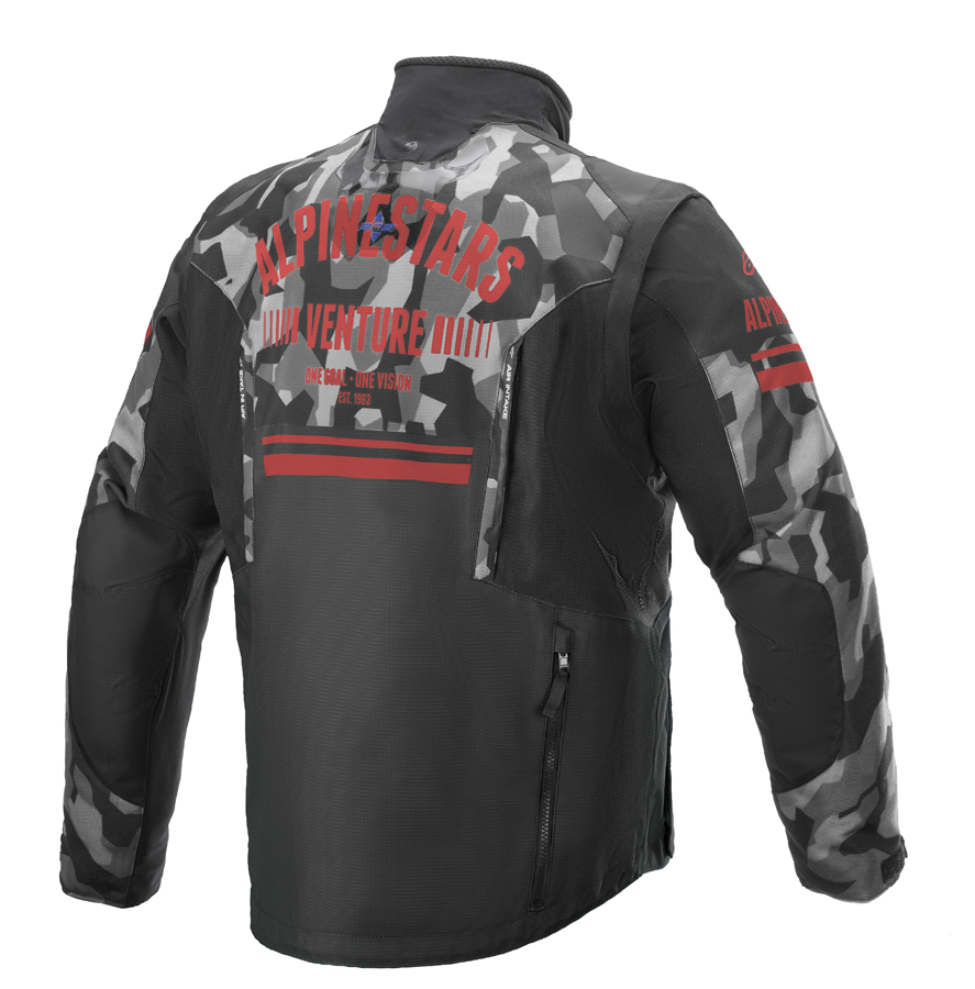 Casaco Alpinestars Venture R Camo Casaco preto de motociclista camuflado com texto vermelho ALPINESTARS ADV VENTURE