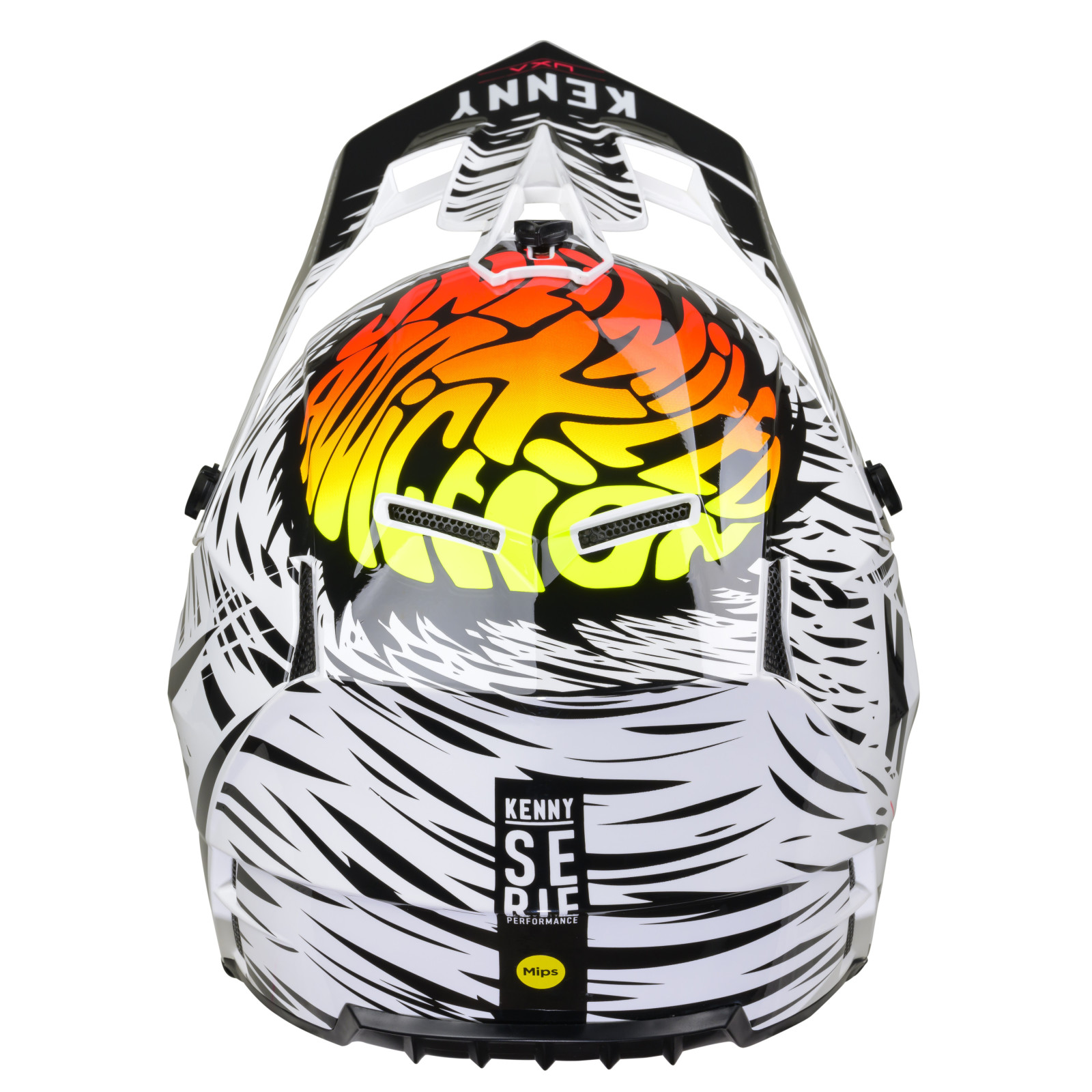 Capacete Kenny Performance UXA Prism Capacete motocross branco preto amarelo com padrão gráfico e texto KENNY