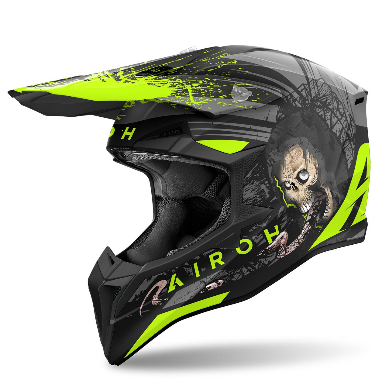 Capacete Airoh Wraap Darkness Amarelo capacete de motocross preto e verde com caveira e texto KIROH