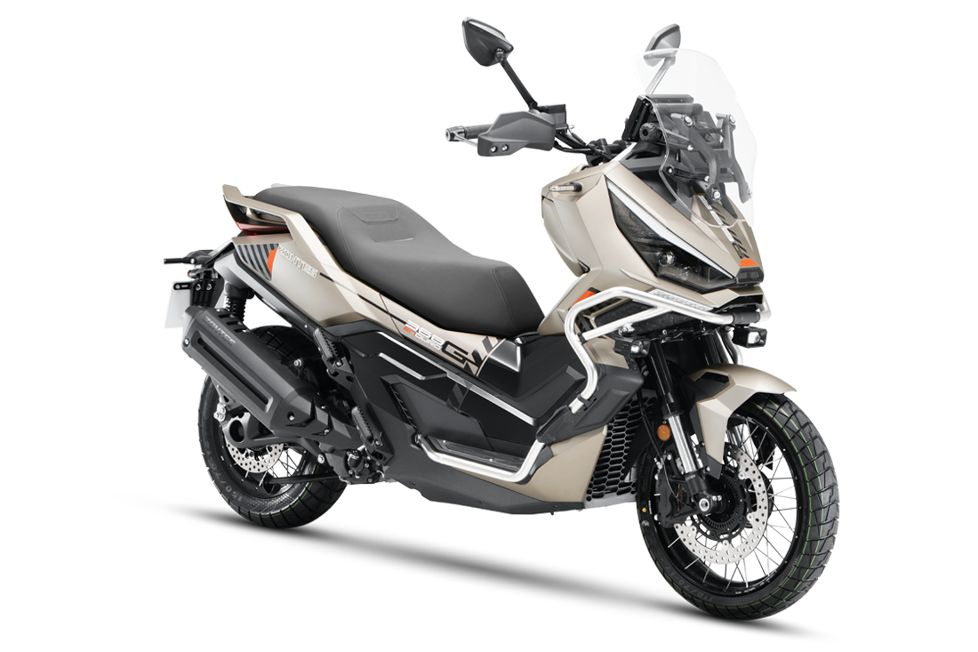 Zontes G 368 ETC Moto de turismo e aventura preta e dourada com faróis LED e para-brisas