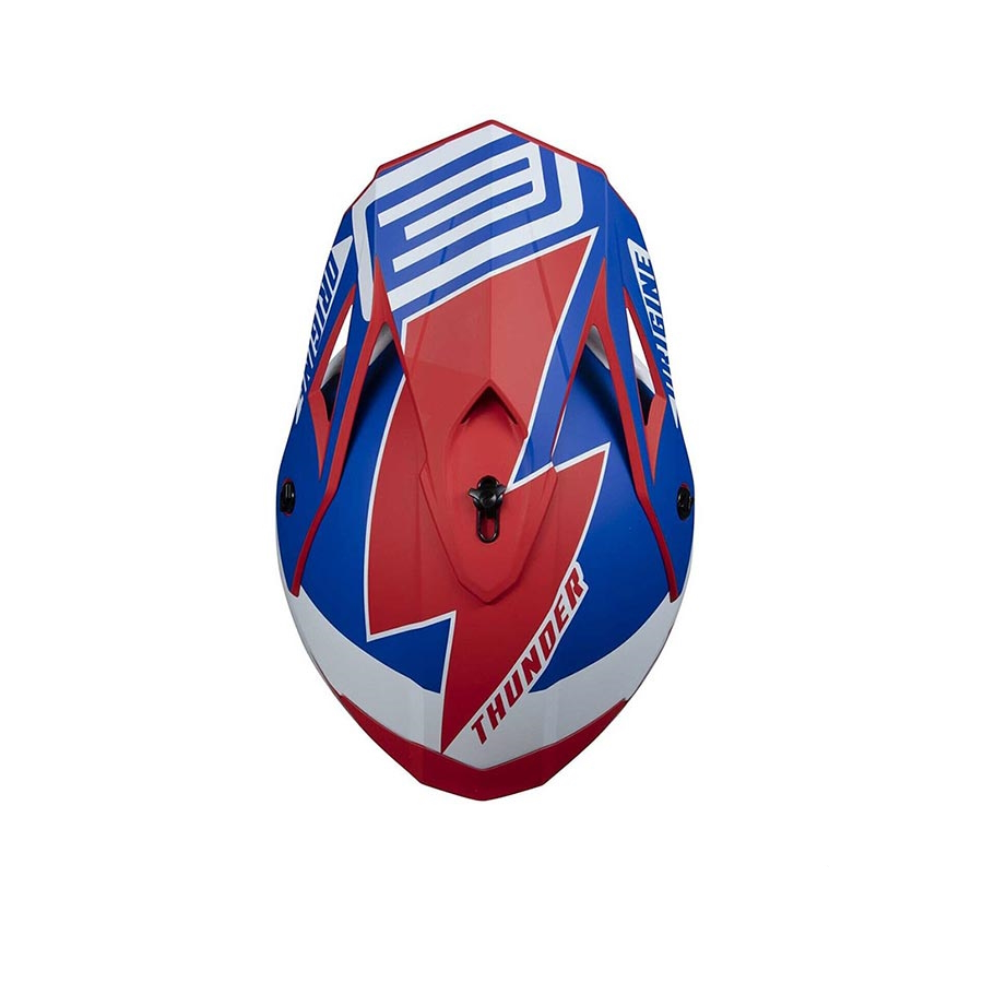 Capacete Origine Hero Thunder Azul / Branco / Vermelho Capacete desportivo vermelho, azul e branco com padrões geométricos e texto NUMARINE e THUNDER