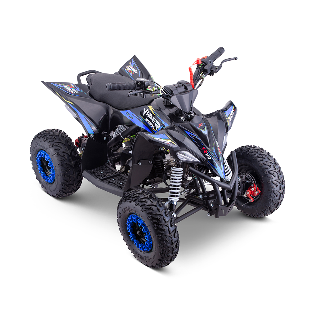 Mini quad Viper VR 110cc Quadriciclo todo-o-terreno preto com detalhes azuis e vermelhos para criança