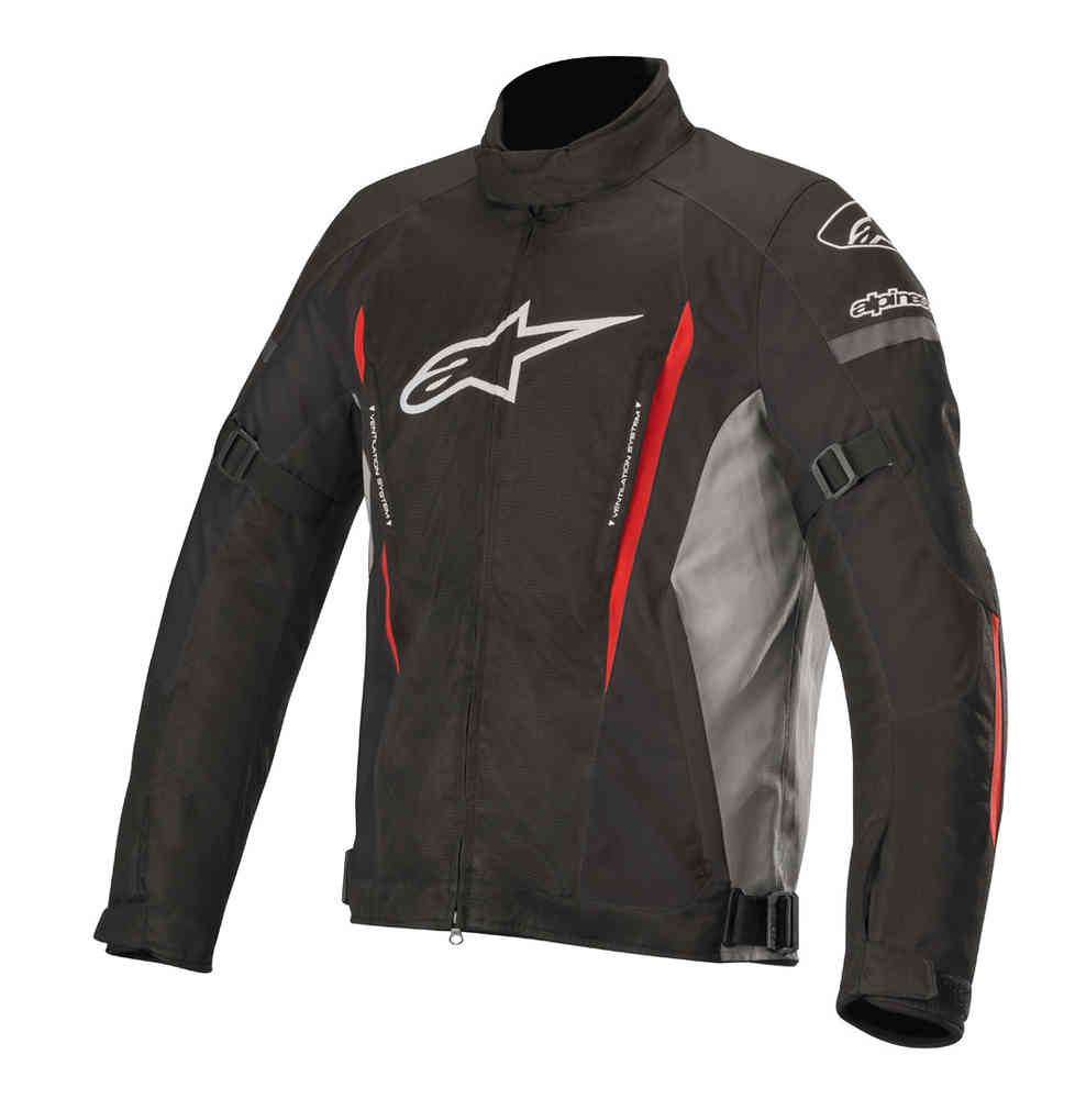 Casaco Alpinestars Gunner V2 Waterproof Casaco de motard preto com detalhes vermelhos e cinzentos e logótipos Alpinestars brancos