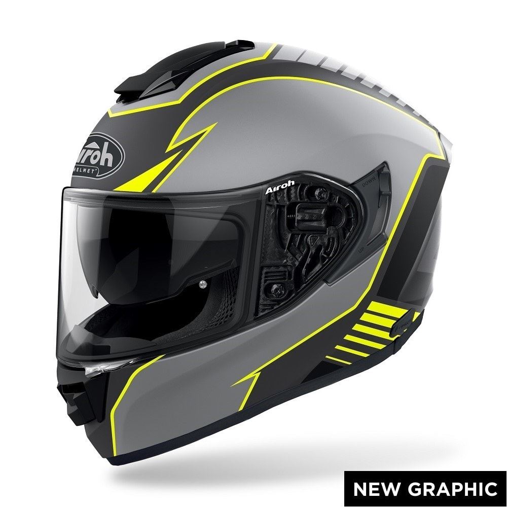Capacete Airoh ST 501 Type Amarelo Matt Capacete integral cinza com detalhes amarelos e viseira transparente da marca Airoh.