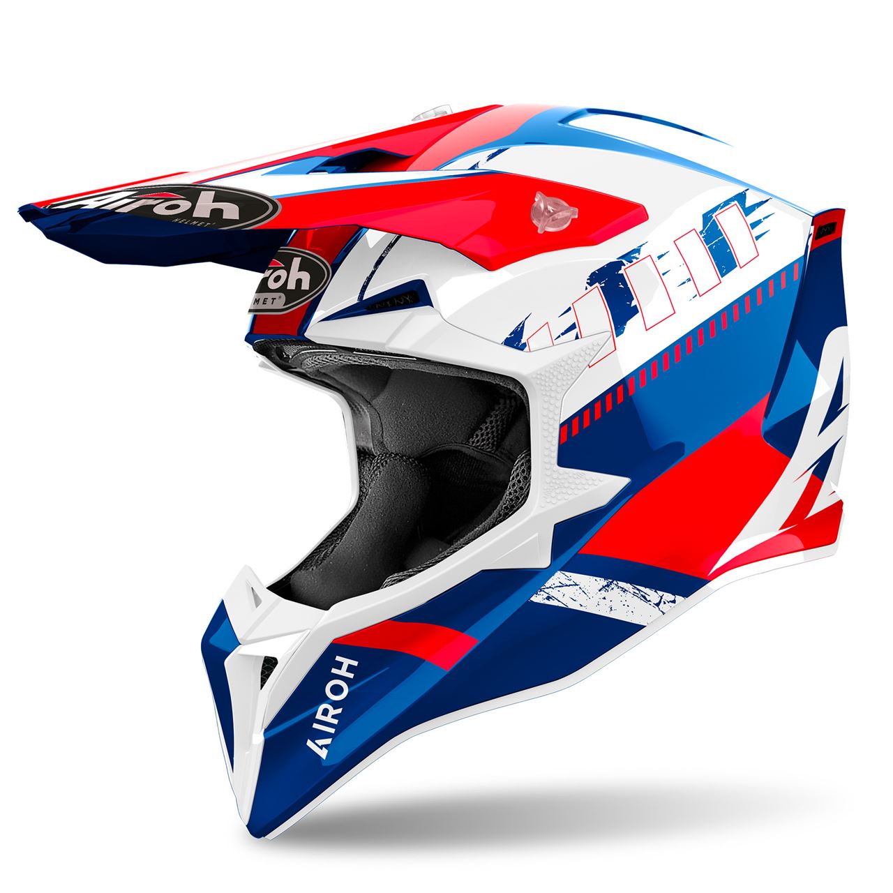 Capacete Airoh Wraap Feel Vermelho e Azul Capacete motocross azul, vermelho e branco com texto airoh