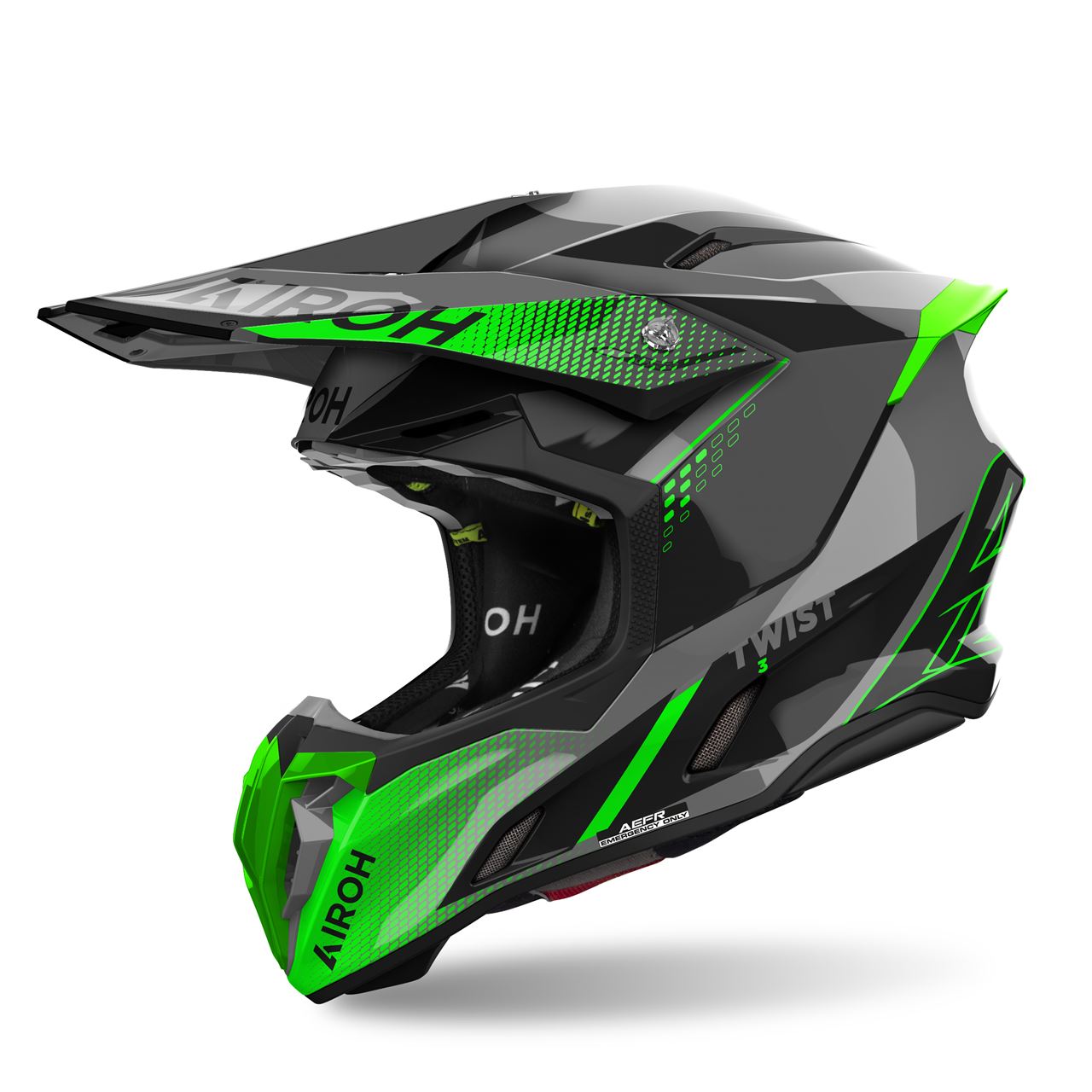 Capacete Airoh Twist 3 Shard Verde Capacete integral preto, cinza e verde para motocross com logo AIROH e modelo TWIST