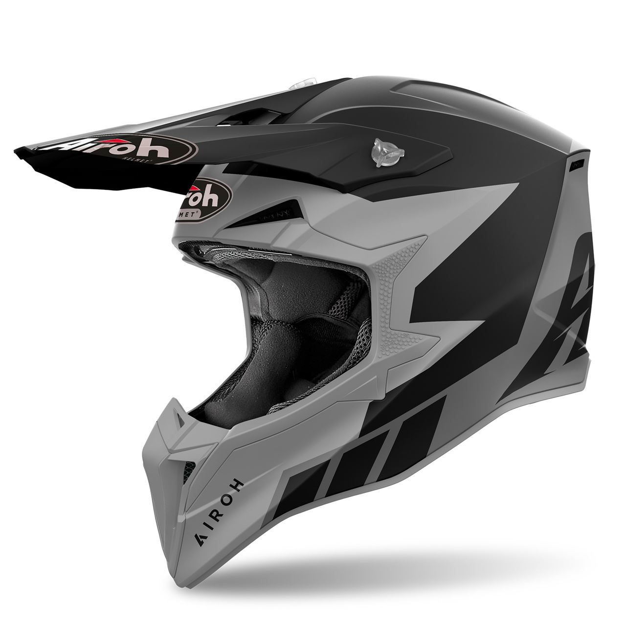 Capacete Airoh Wraap Reloaded Capacete motocross preto e cinza com logo airoh