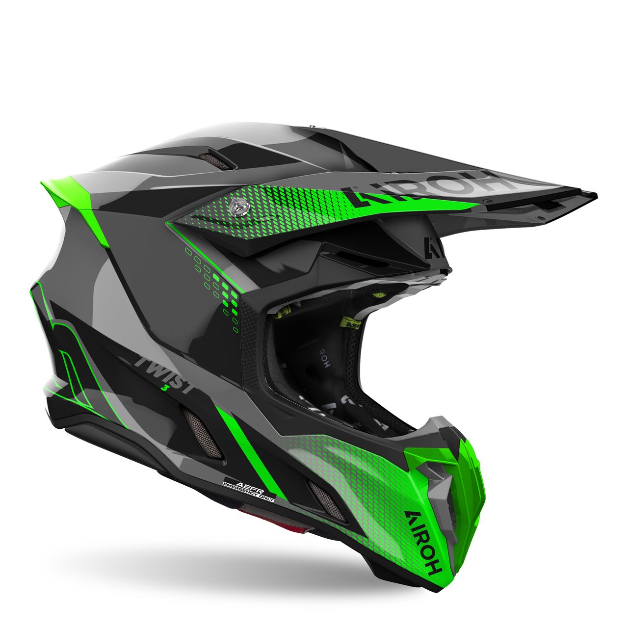 Capacete Airoh Twist 3 Shard Verde Capacete motocross AIROH preto, cinza e verde com visor ajustável