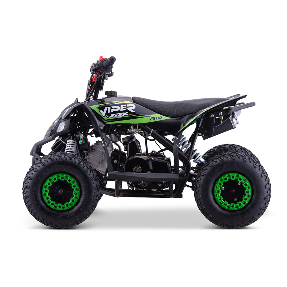 Mini quad Viper VR 110cc Quadriciclo preto com detalhes em verde e branco, pneus grandes com jantes verdes.