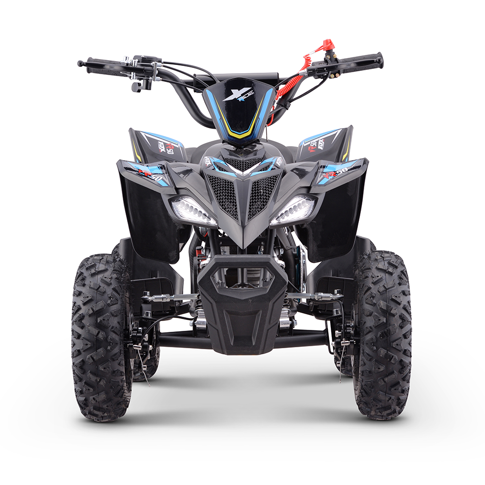 Mini moto 4 Criança 49cc VR 50 Tox Quadriciclo preto com detalhes azuis e amarelos visto de frente
